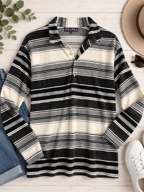 Box Office Vintage Striped Long Sleeve Polo Shirt Size Large